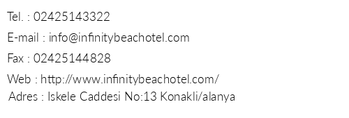nfinity Beach Hotel telefon numaralar, faks, e-mail, posta adresi ve iletiim bilgileri